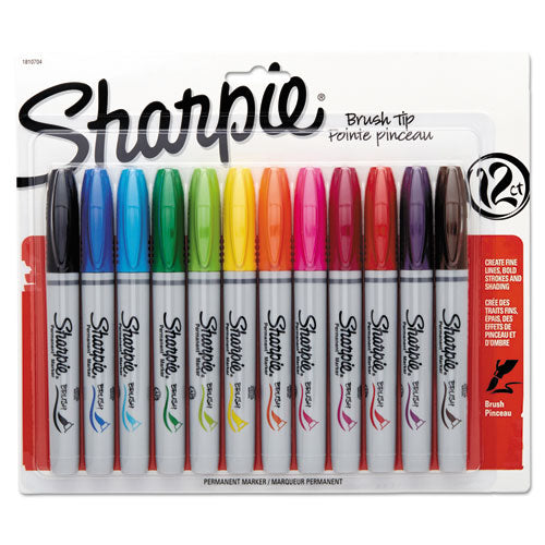Brush Tip Permanent Marker, Medium Brush Tip, Assorted Colors, 12-set