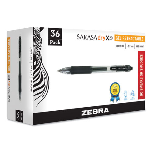Sarasa Dry Gel X20 Gel Pen, Retractable, Medium 0.7 Mm, Black Ink, Smoke Barrel, 36-pack